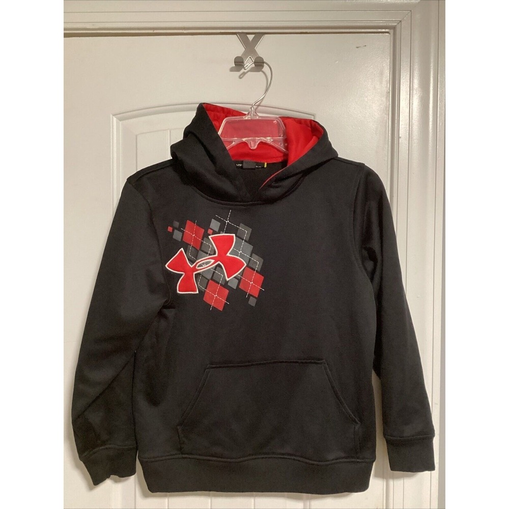 UNDER ARMOUR HOODIE SIZE YMD LOOSE PLAID GRAPHIC BLACK & RED BELLY POCKET